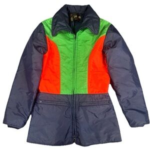 Vintage 70s 80s Colorblock Ski Jacket Green Red Navy | Retro Puffer Coat